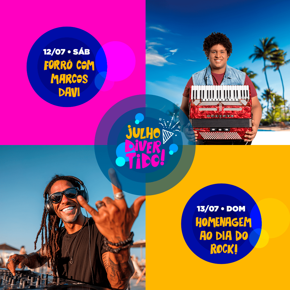 12 e 13 de julho – Forró com Marcos Davi e Dia do rock – Village Itaparica – Julho Divertido