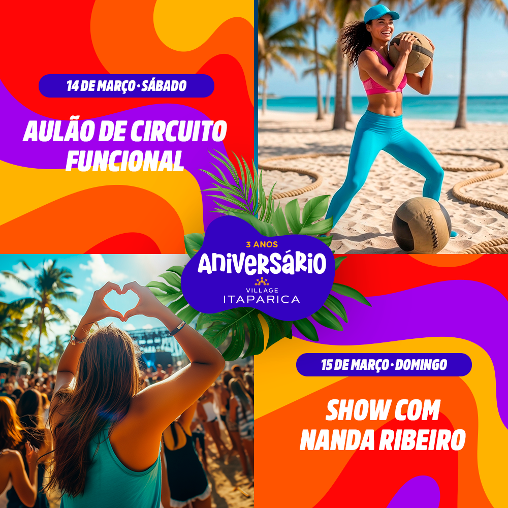Sábado e domingo – Aulão de circuito funcional e show com Nada Ribeiro no pé na areia – Village Itaparica